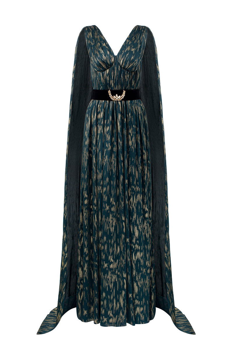 V-Neck A-line Gown With Long Back Train In Teal Metallic Striped Chiffon