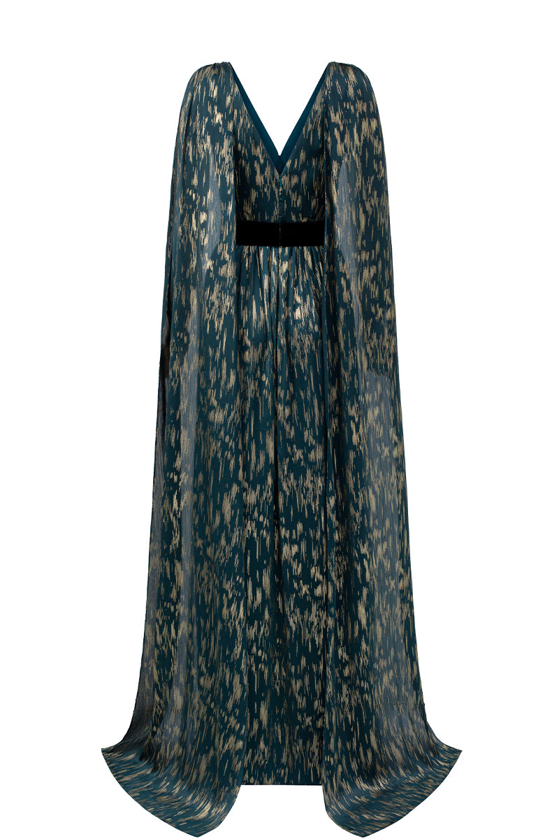 V-Neck A-line Gown With Long Back Train In Teal Metallic Striped Chiffon