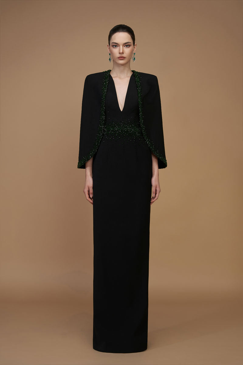 V-Neck Column Gown With Cape Sleeves In Black