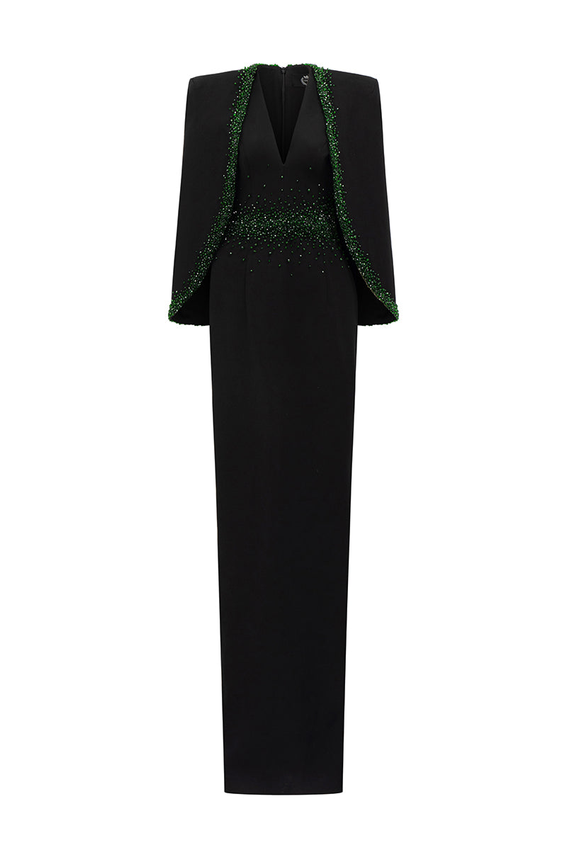 V-Neck Column Gown With Cape Sleeves In Black