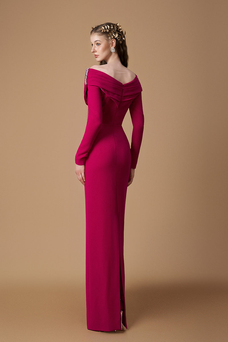 V-Neck Column Gown With Draped Details In Dark Pink Crepe