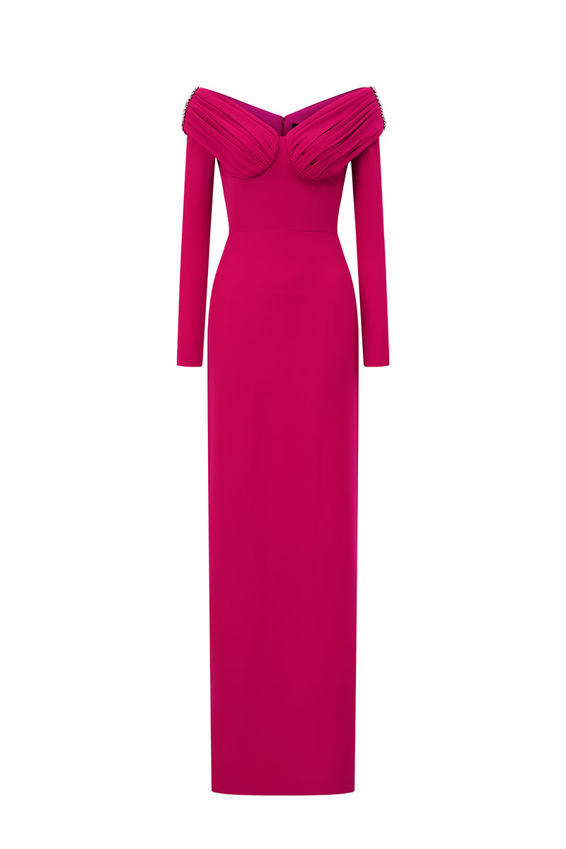 V-Neck Column Gown With Draped Details In Dark Pink Crepe