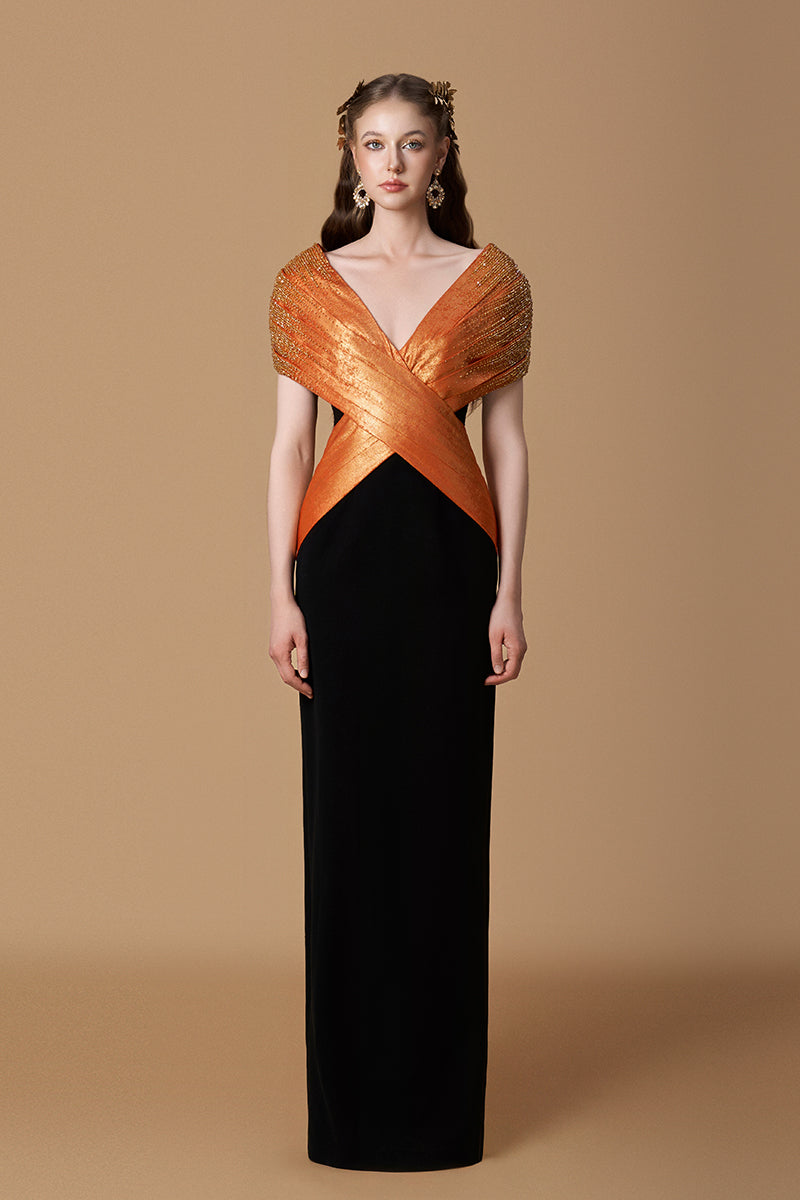 V-Neck Column Gown With Draped Details In Orange Metallic Silk and Black Crepe