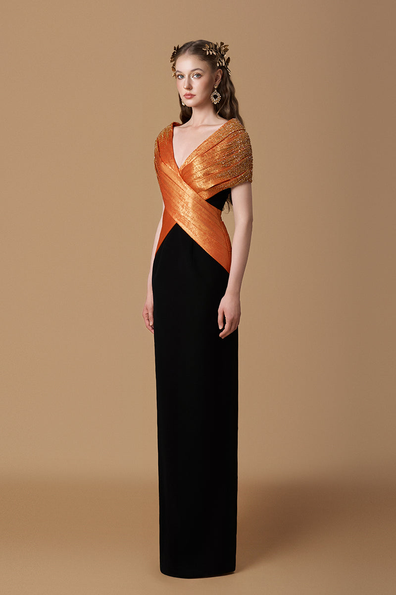 V-Neck Column Gown With Draped Details In Orange Metallic Silk and Black Crepe