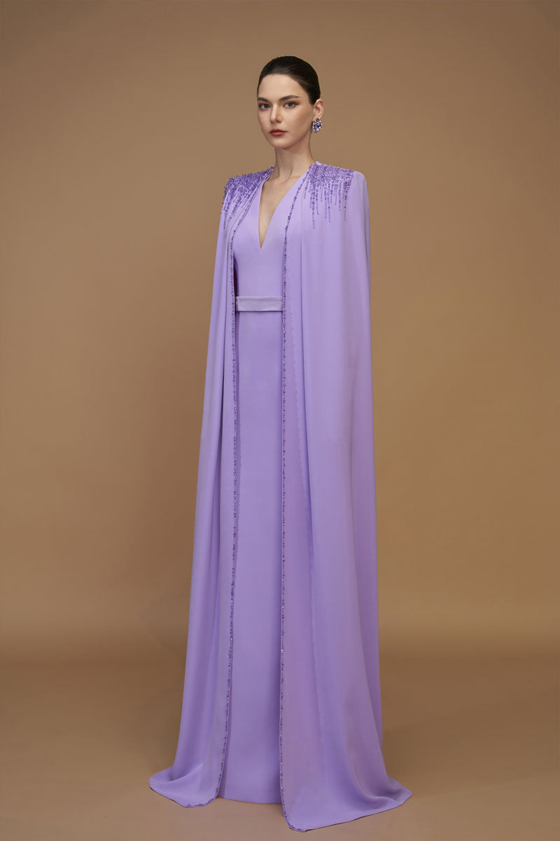 V-Neck Column Gown With Floor-Length Cape Sleeves In Light Purple