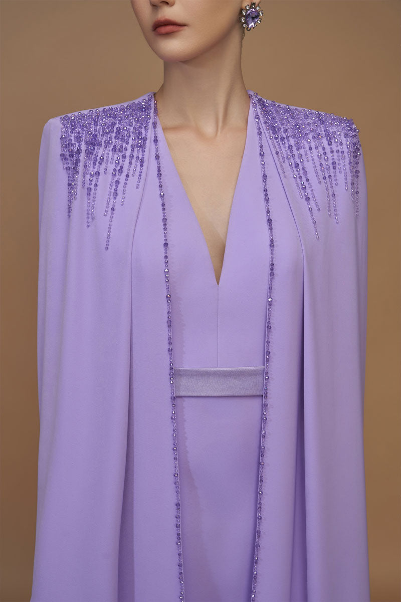 V-Neck Column Gown With Floor-Length Cape Sleeves In Light Purple