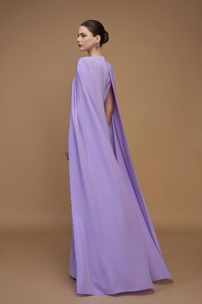 V-Neck Column Gown With Floor-Length Cape Sleeves In Light Purple