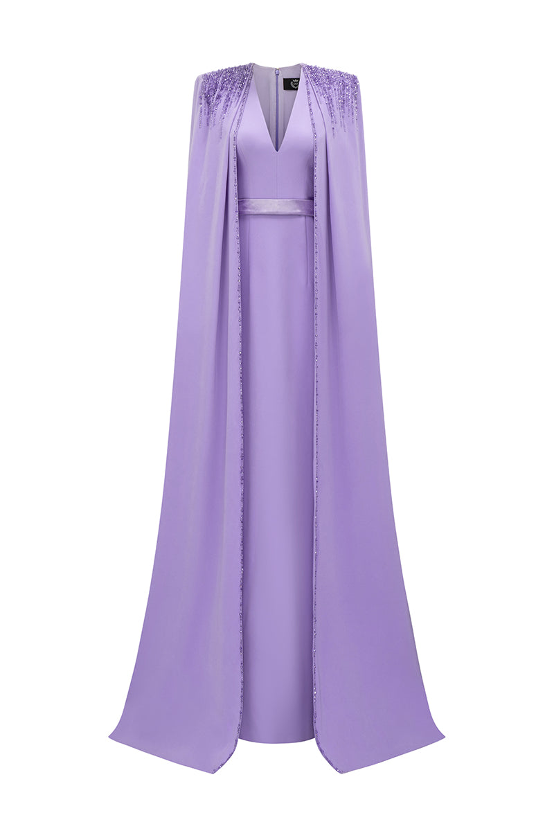 V-Neck Column Gown With Floor-Length Cape Sleeves In Light Purple