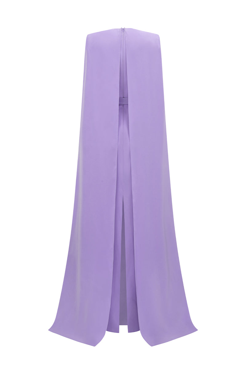 V-Neck Column Gown With Floor-Length Cape Sleeves In Light Purple