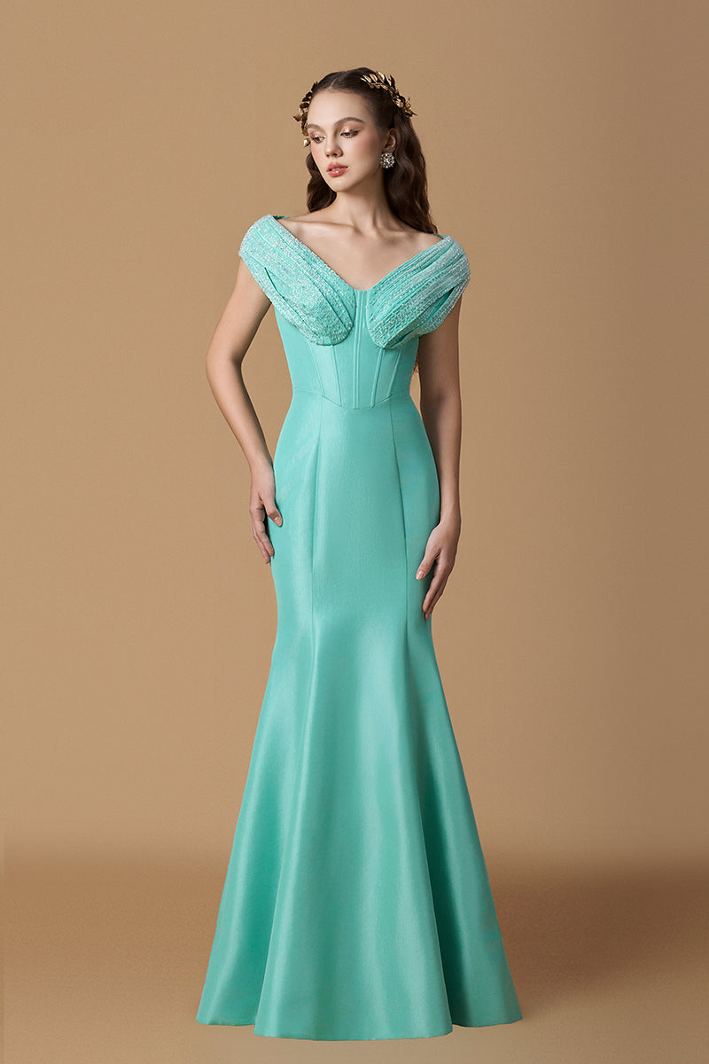 V-Neck Mermaid Gown With Draped Details In Mint Taffeta
