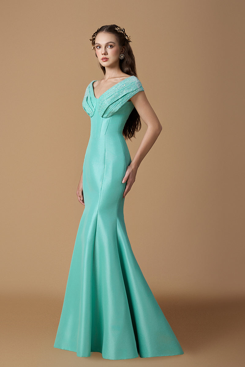 V-Neck Mermaid Gown With Draped Details In Mint Taffeta