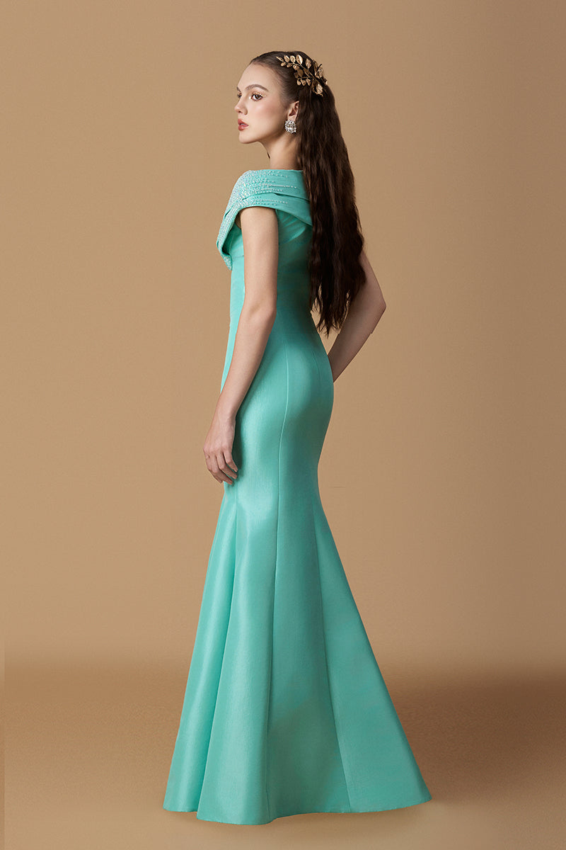 V-Neck Mermaid Gown With Draped Details In Mint Taffeta