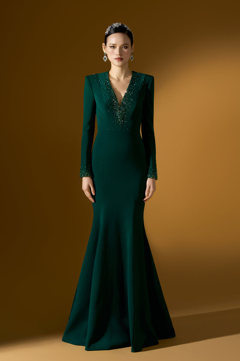 V-Neck Mermaid Gown With Long Sleeves
