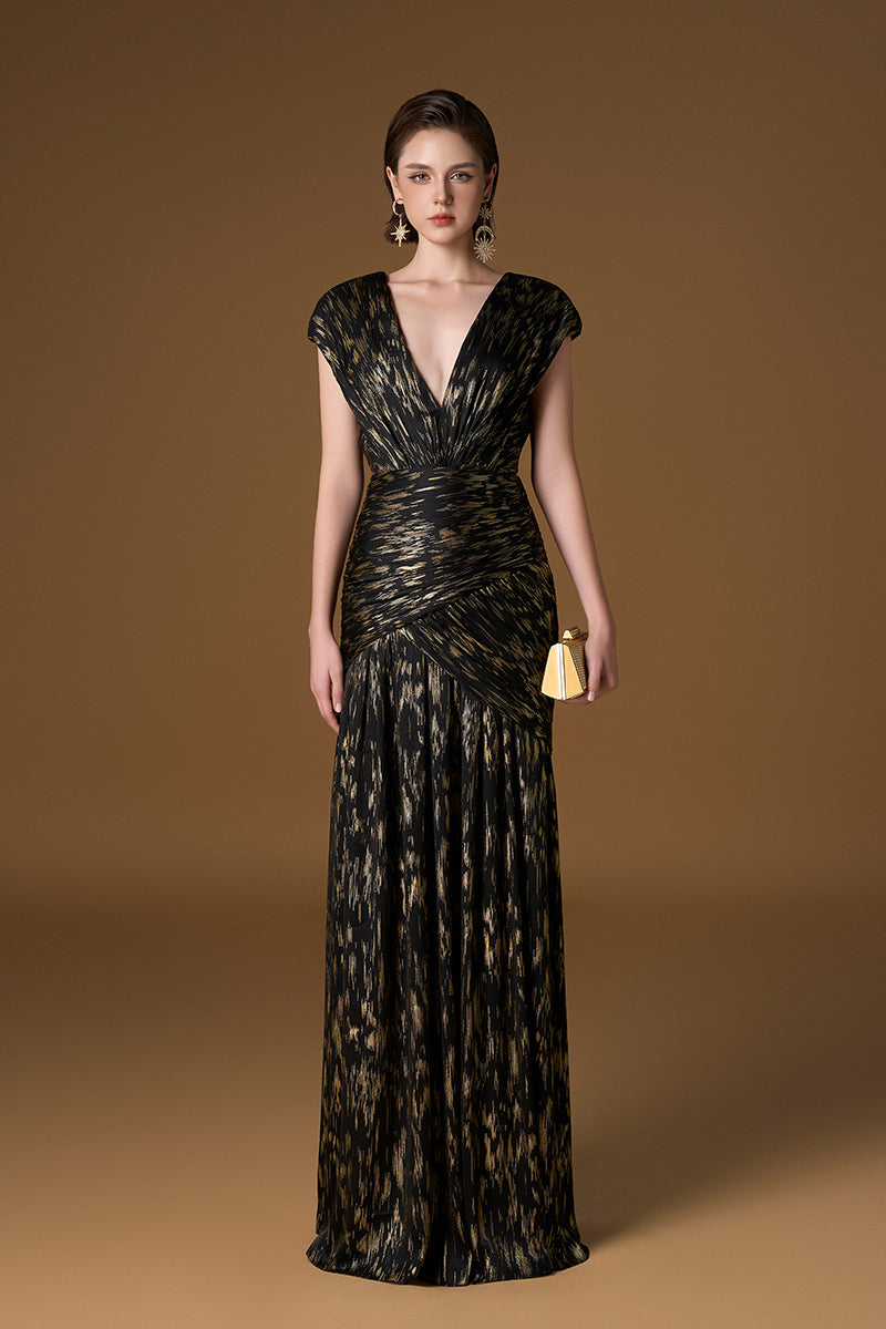 V Neck A-line Gown With Asymmetric Draped Detail In Black Metallic Striped Chiffon