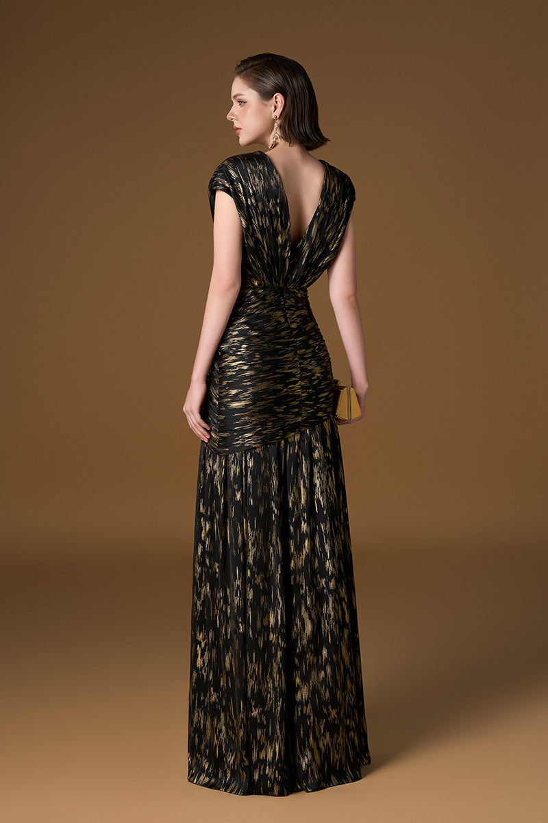 V Neck A-line Gown With Asymmetric Draped Detail In Black Metallic Striped Chiffon