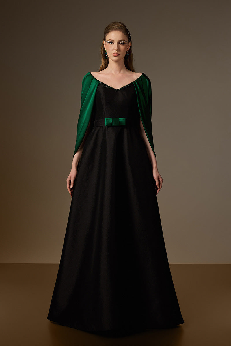 V Neck A-Line Gown With Draped Details In Black Taffeta And Green Satin Silk