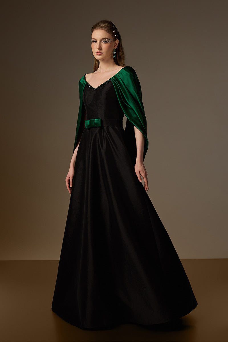 V Neck A-Line Gown With Draped Details In Black Taffeta And Green Satin Silk