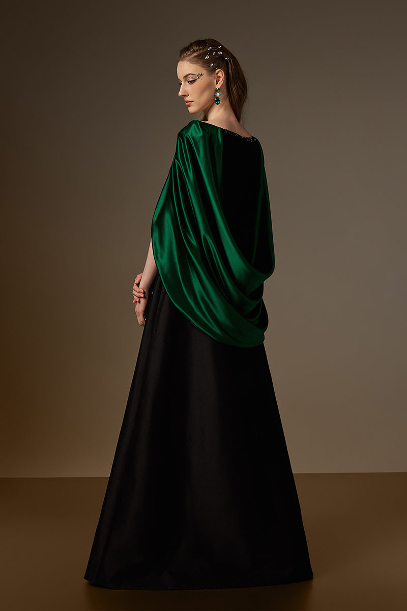 V Neck A-Line Gown With Draped Details In Black Taffeta And Green Satin Silk
