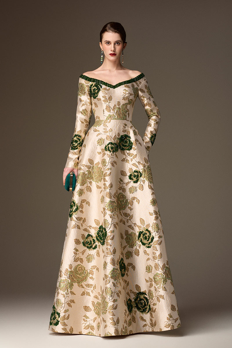 V Neck A-Line Gown With Rose-Shaped Crystal Embellishment In Green Rose Branch Brocade