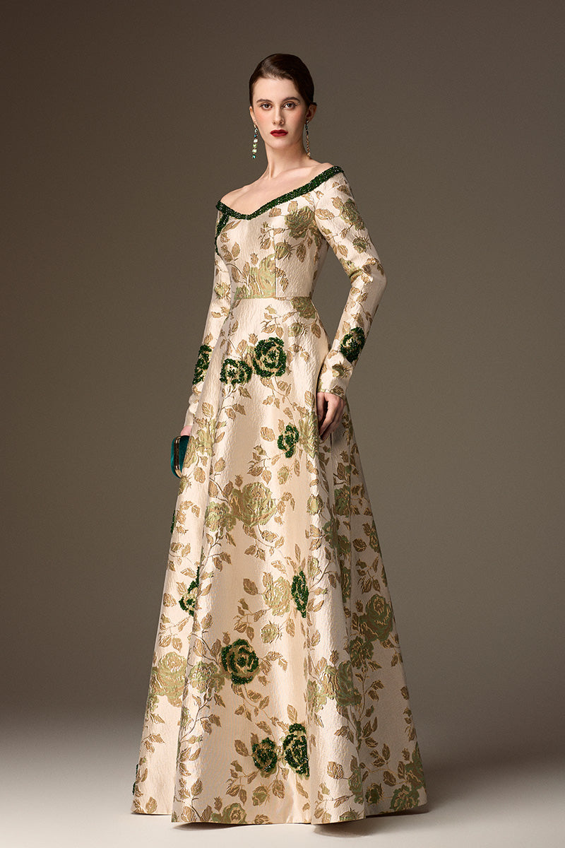 V Neck A-Line Gown With Rose-Shaped Crystal Embellishment In Green Rose Branch Brocade