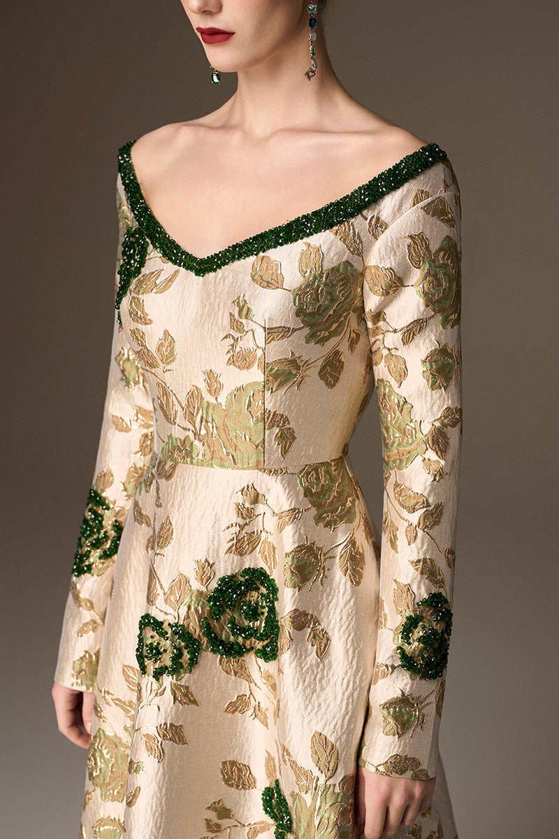 V Neck A-Line Gown With Rose-Shaped Crystal Embellishment In Green Rose Branch Brocade