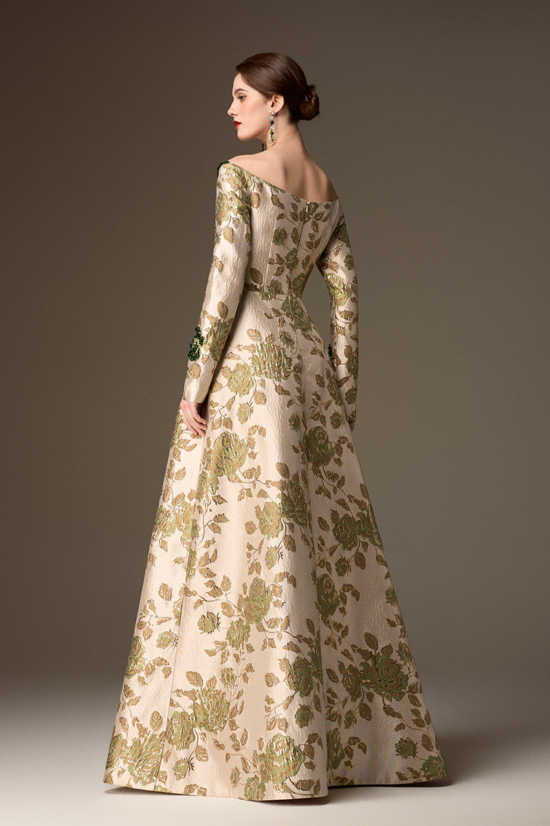V Neck A-Line Gown With Rose-Shaped Crystal Embellishment In Green Rose Branch Brocade