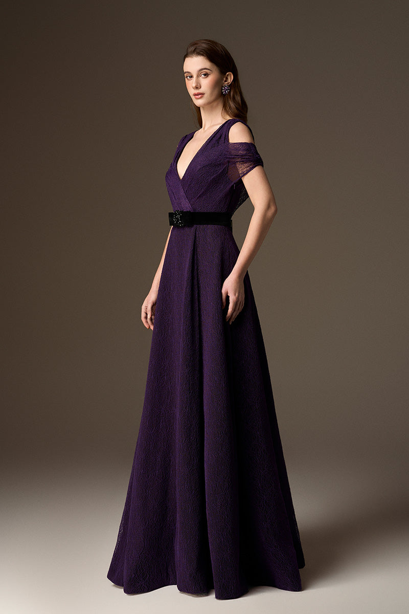 V Neck A-Line Gown With Waist Belt In Dark Purple Vine Guipure Lace And Black Lyon Velvet