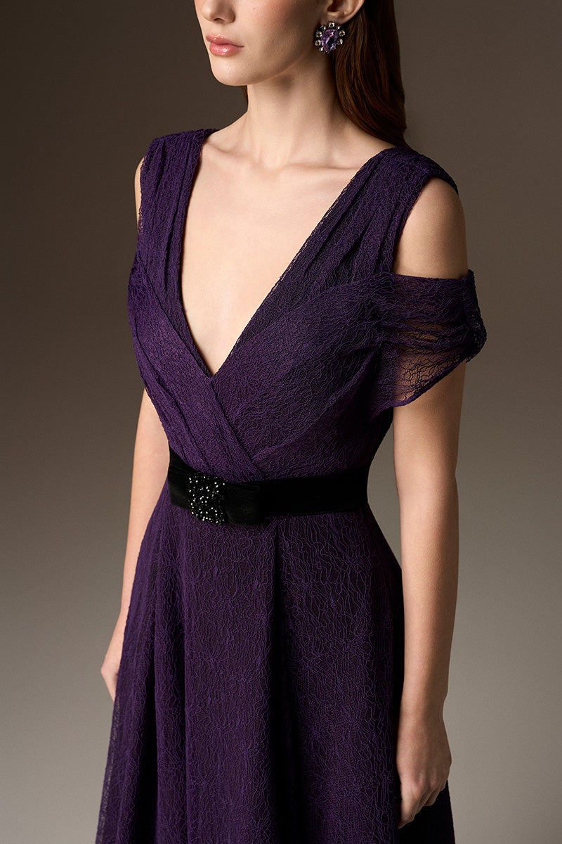 V Neck A-Line Gown With Waist Belt In Dark Purple Vine Guipure Lace And Black Lyon Velvet