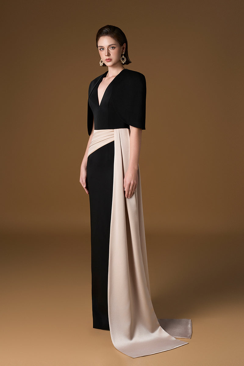 V Neck Column Gown With Asymmetric Draped Detail, Mini Cape In Black Crepe And Ivory Silk