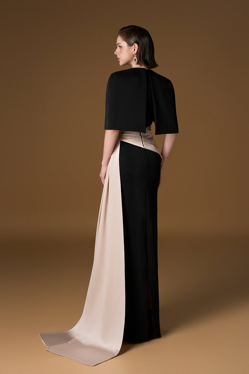 V Neck Column Gown With Asymmetric Draped Detail, Mini Cape In Black Crepe And Ivory Silk