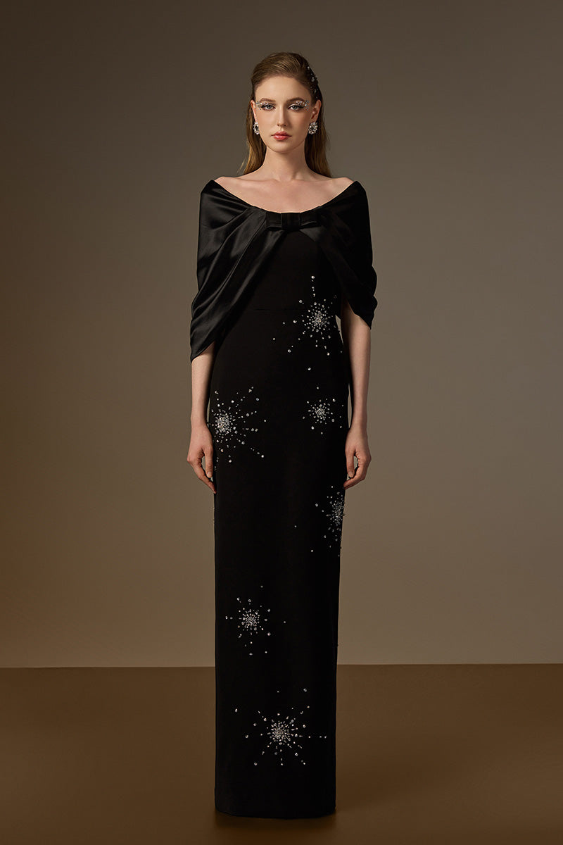 V Neck Column Gown With Draped Details In Black Crepe And Satin Silk