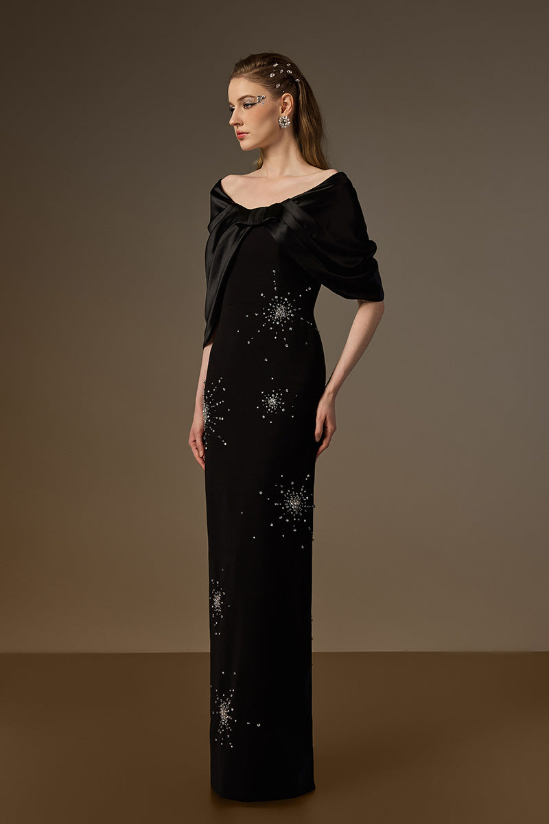 V Neck Column Gown With Draped Details In Black Crepe And Satin Silk