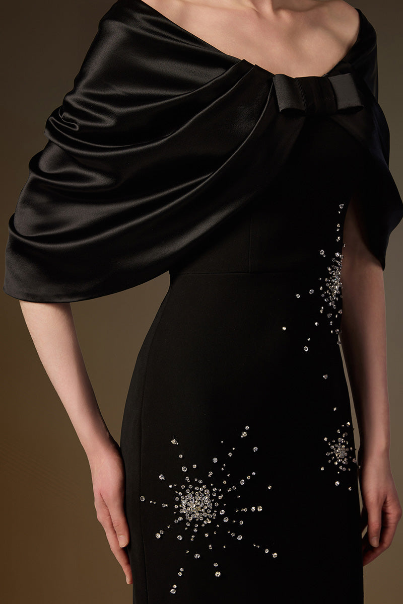 V Neck Column Gown With Draped Details In Black Crepe And Satin Silk
