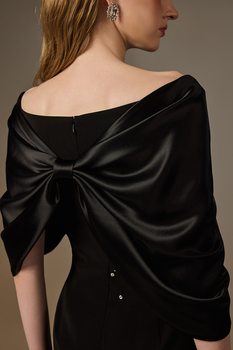 V Neck Column Gown With Draped Details In Black Crepe And Satin Silk