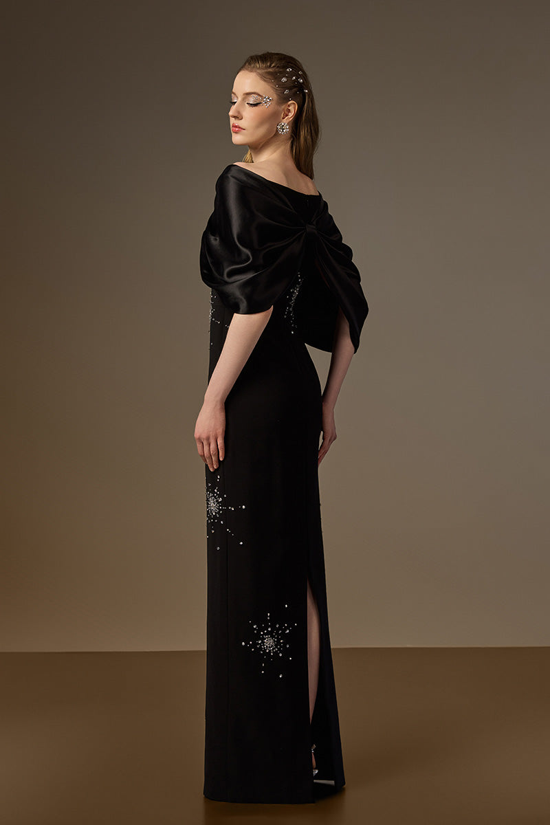 V Neck Column Gown With Draped Details In Black Crepe And Satin Silk
