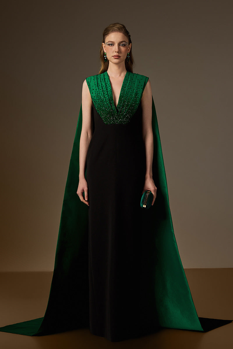 V Neck Column Gown With Draped Details In Black Crepe And Green Taffeta