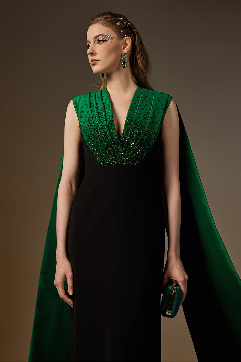 V Neck Column Gown With Draped Details In Black Crepe And Green Taffeta