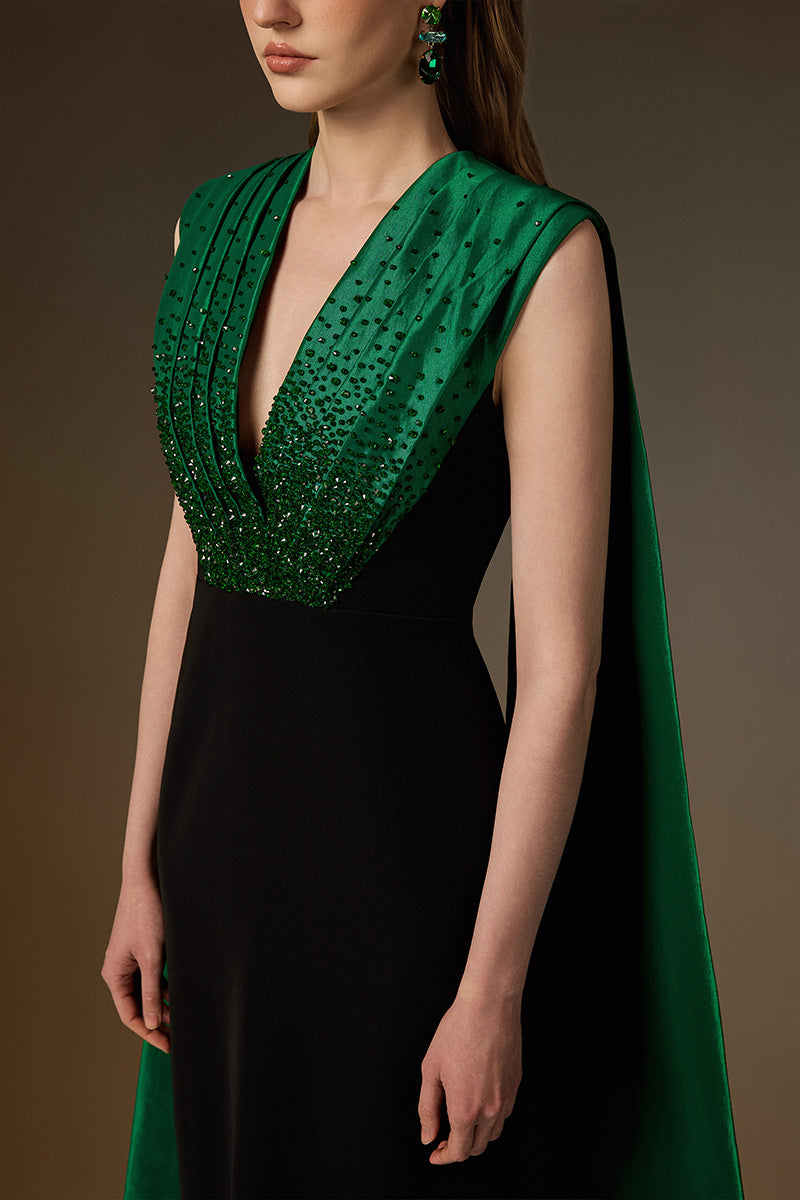 V Neck Column Gown With Draped Details In Black Crepe And Green Taffeta