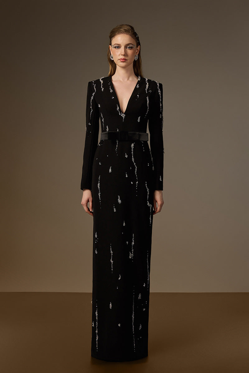 V Neck Column Gown With Flowing-Water Effect Embellishment In Black Crepe