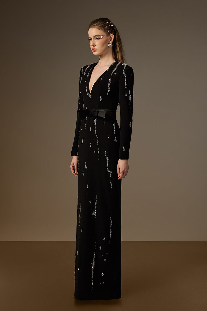 V Neck Column Gown With Flowing-Water Effect Embellishment In Black Crepe