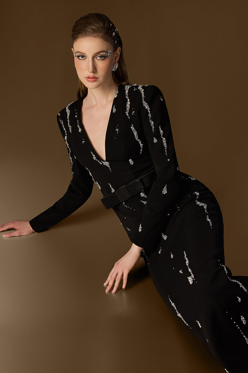 V Neck Column Gown With Flowing-Water Effect Embellishment In Black Crepe