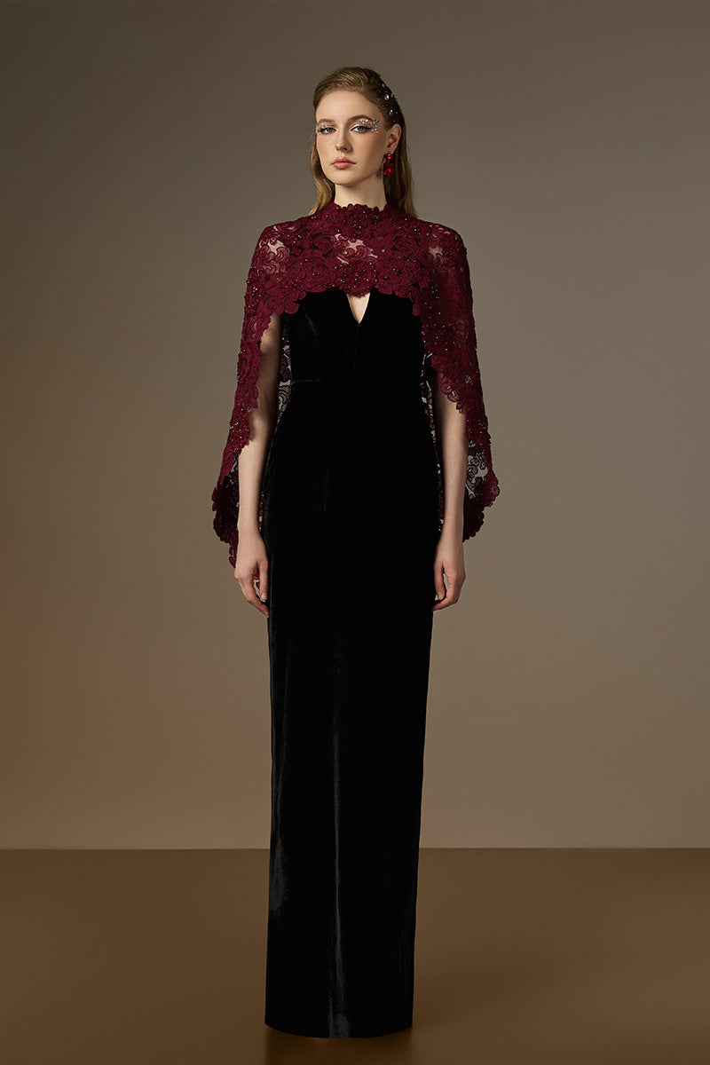V Neck Column Gown With Mullet Cape In Black Velvet And Red Floral Garden Mesh Lace