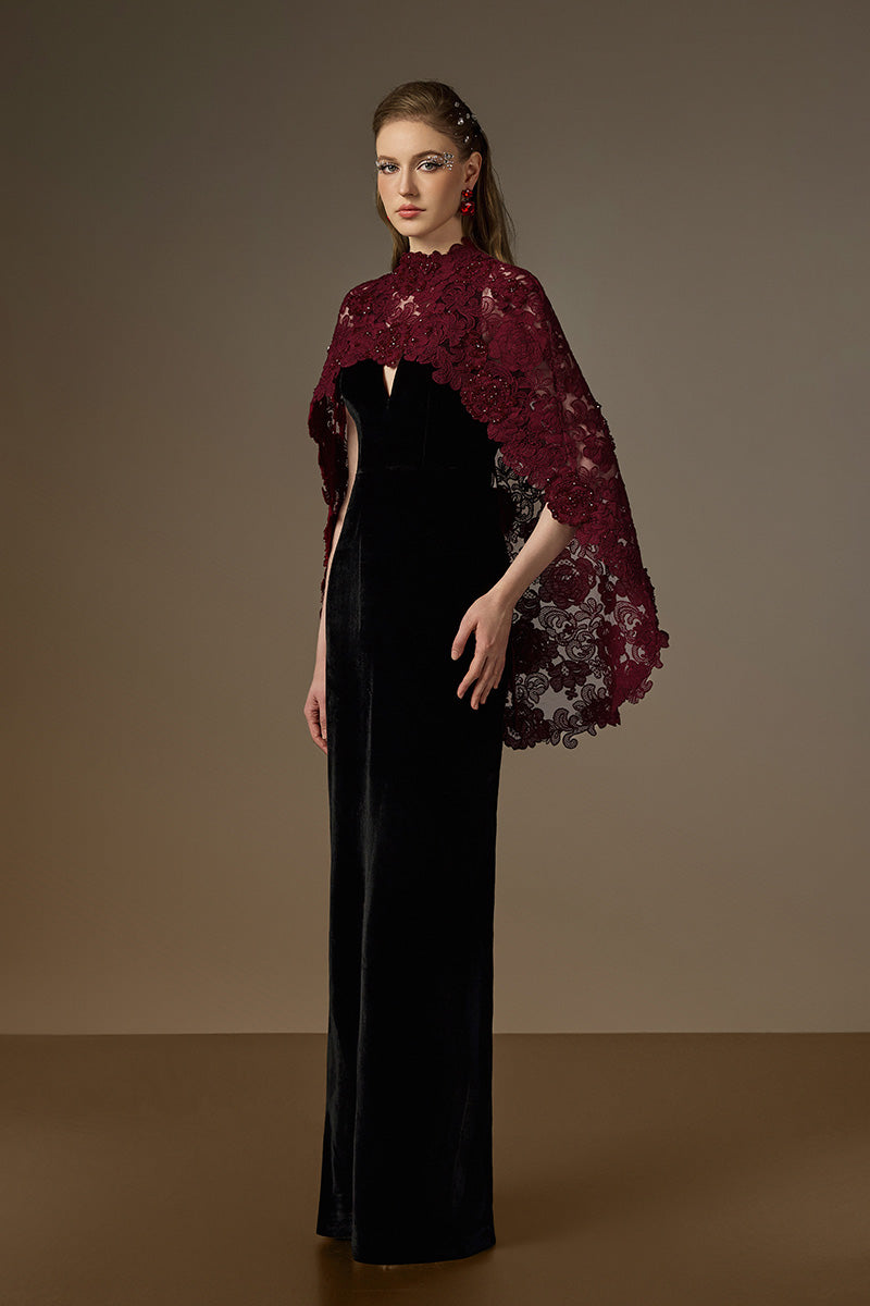 V Neck Column Gown With Mullet Cape In Black Velvet And Red Floral Garden Mesh Lace