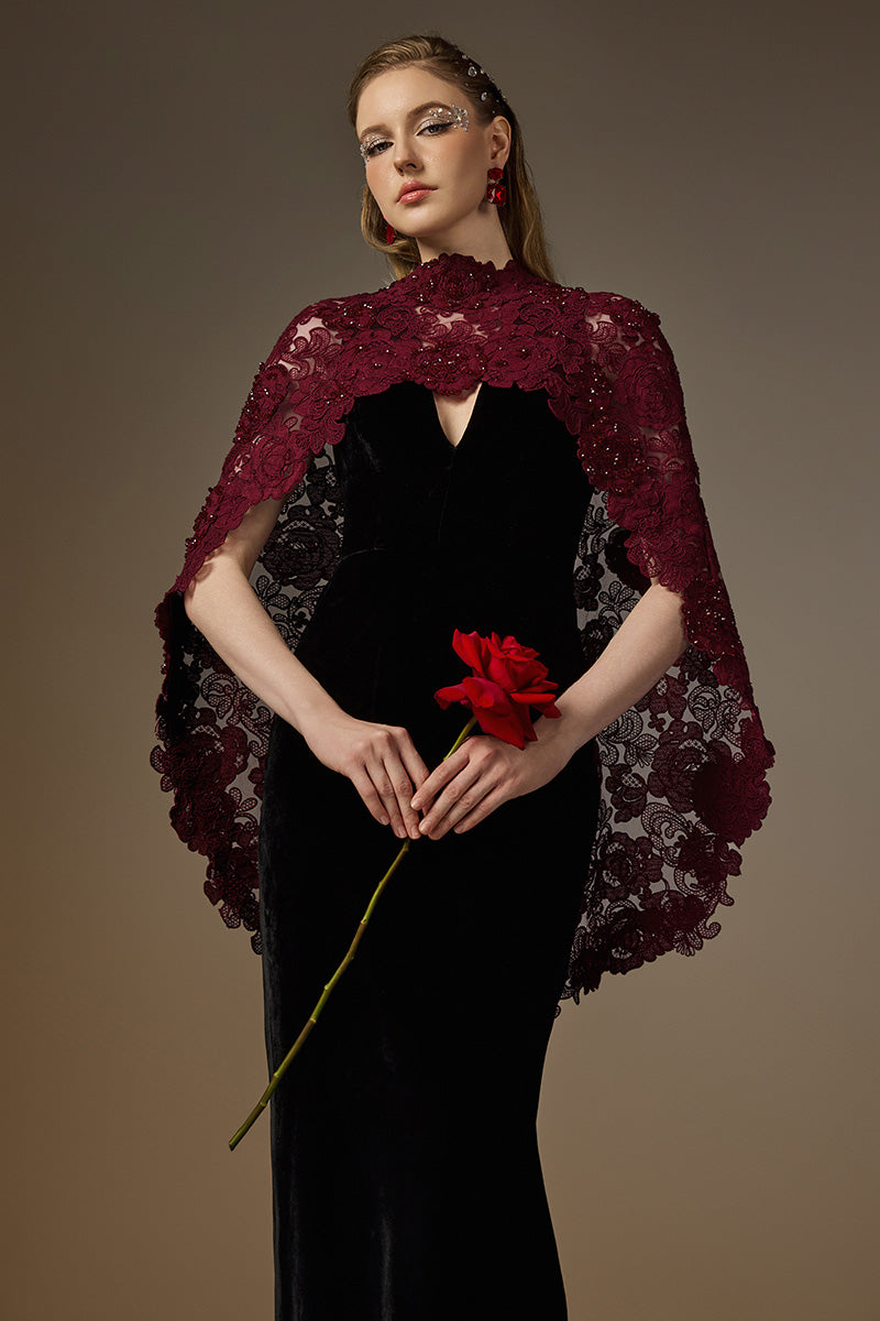 V Neck Column Gown With Mullet Cape In Black Velvet And Red Floral Garden Mesh Lace