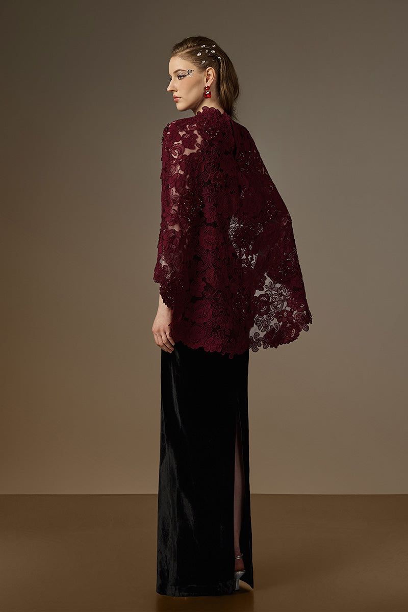 V Neck Column Gown With Mullet Cape In Black Velvet And Red Floral Garden Mesh Lace