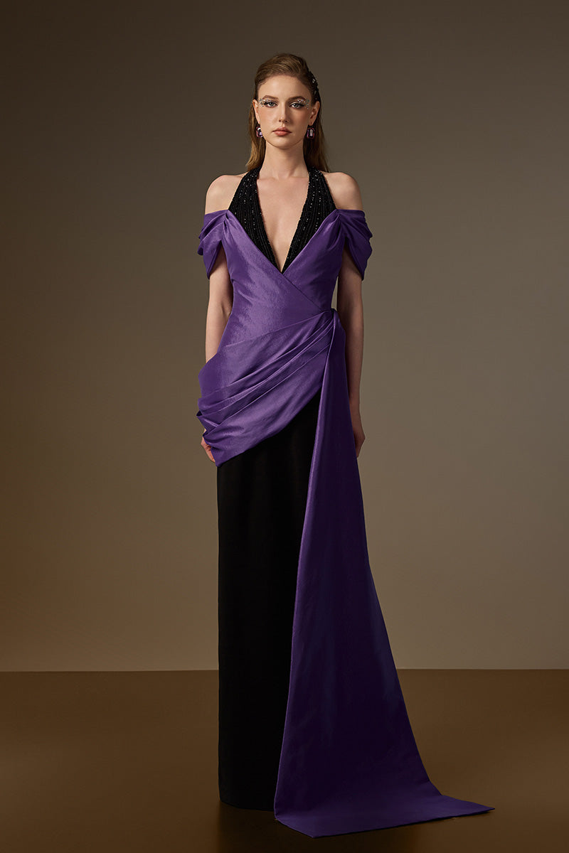 V Neck Column Gown With Asymmetric Draped Details In Black Crepe And Purple Taffeta