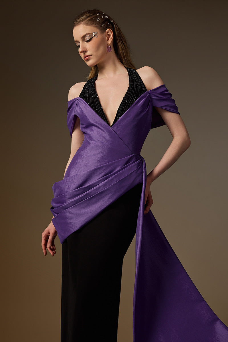 V Neck Column Gown With Asymmetric Draped Details In Black Crepe And Purple Taffeta