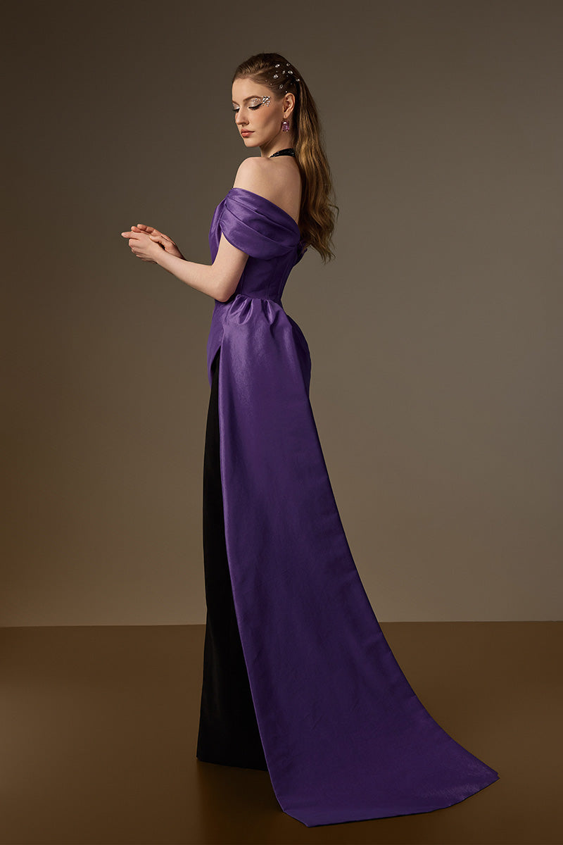 V Neck Column Gown With Asymmetric Draped Details In Black Crepe And Purple Taffeta