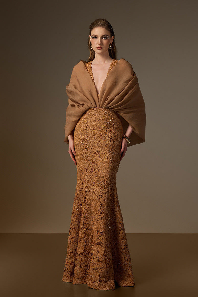 V Neck Mermaid Gown With Hooded Cape In Bloom Rose Lace & Organza