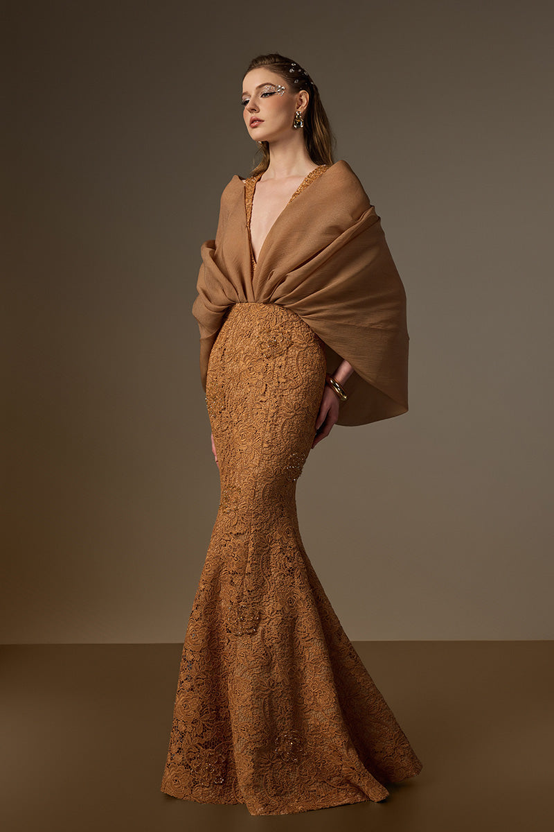 V Neck Mermaid Gown With Hooded Cape In Bloom Rose Lace & Organza